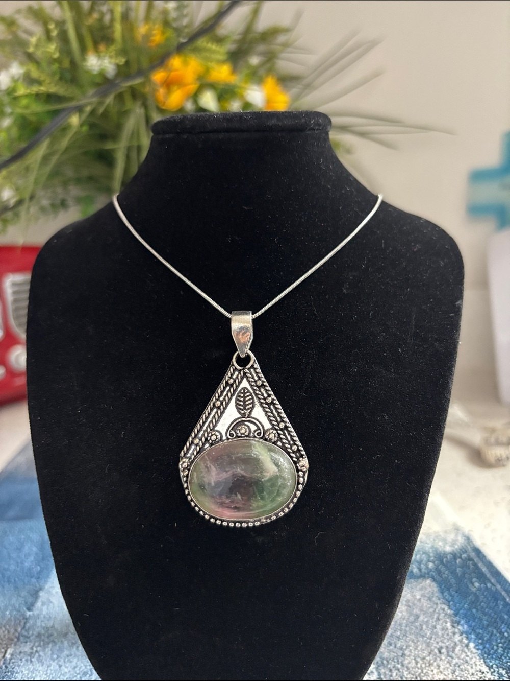 Sterling Silver Teardrop Fluorite Gemstone Pendant Necklace
